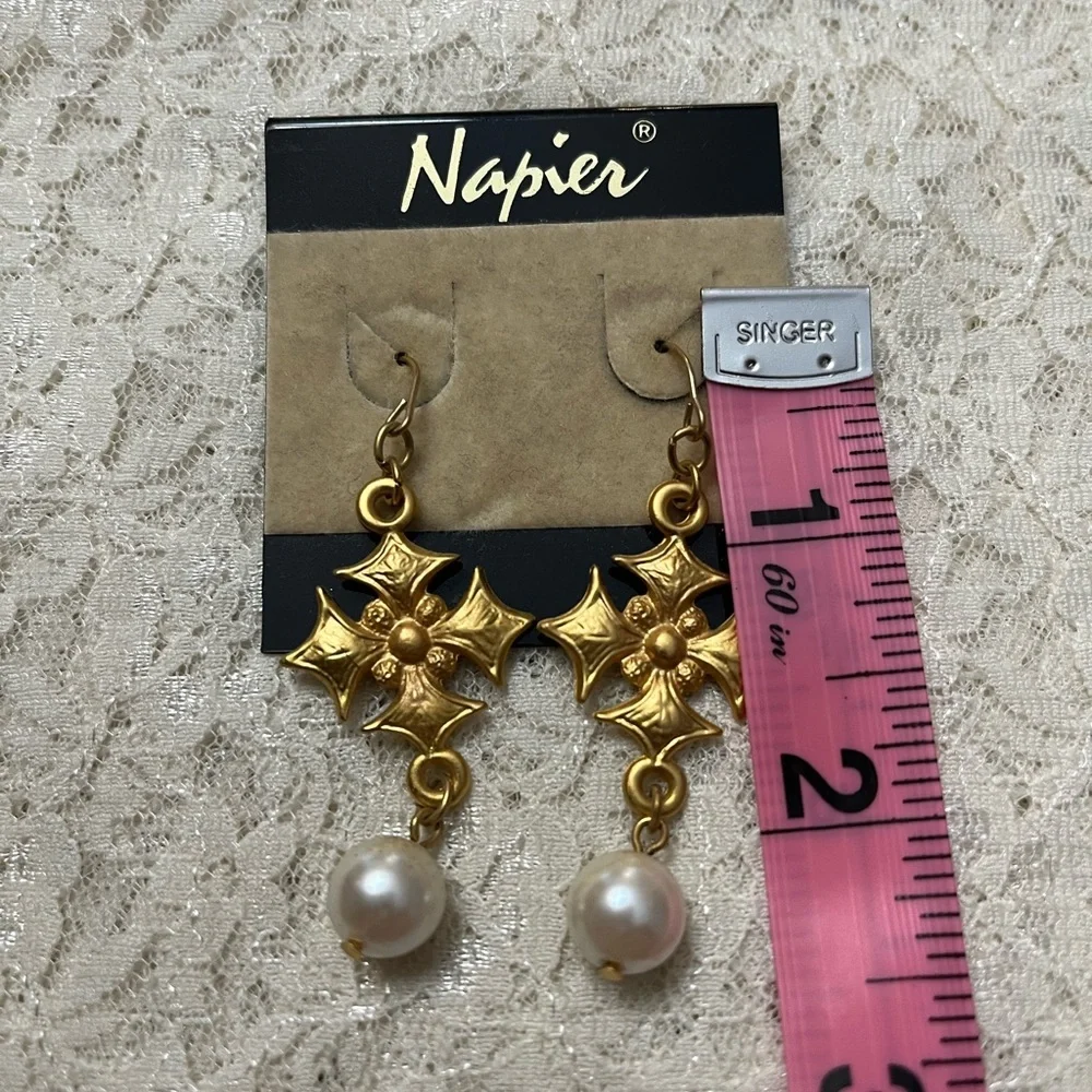 Napier/vintage brushed gold and pearl drop earrings, 2.5”
